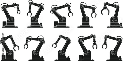 Industrial robotic arm silhouette set showing different working positions, automated factory robot manipulator illustration isolated on white background