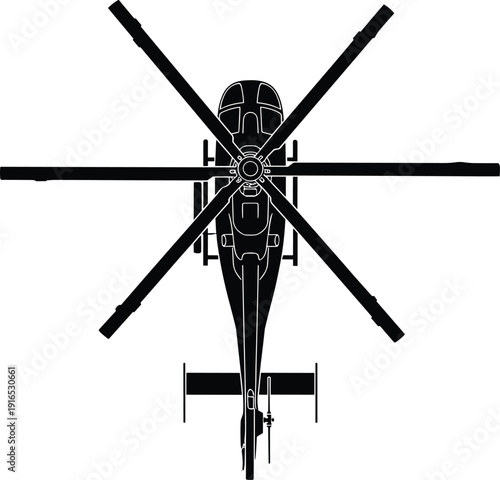 Military helicopter top view silhouette with rotor blades, combat aircraft aerial vehicle illustration isolated on white background