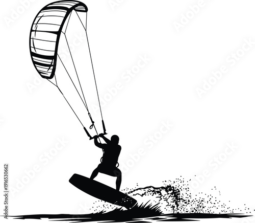 Kitesurfing athlete silhouette jumping over water with kite sail, extreme water sport action illustration isolated on white background