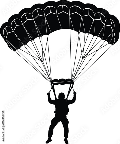 Parachutist silhouette landing with open parachute canopy, skydiving and airborne sport action illustration isolated on white background