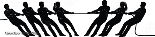 Tug of war team silhouette with men and women pulling rope, teamwork competition sport illustration isolated on white background