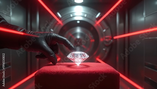 Thief hand in glove reaches for diamond guarded by red laser beams inside secure vault. Robbery attempt in progress, high risk heist for precious gem.