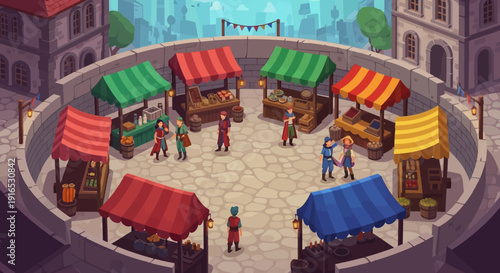 People shopping at outdoor market stalls.