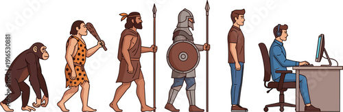 Vector illustration of human evolution from primitive ape to modern man sitting at a computer desk।