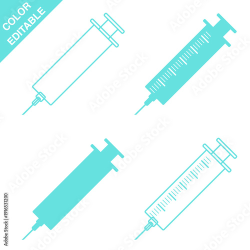 Syringe icons set of 4, outline and solid, with and without graduations, editable colors, vector