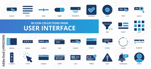 Set of 30 collection of user interface icons suitable for web and mobile application. Set of glyph blue style icons with button, menu, slider, toggle, dropdown, and more icons.