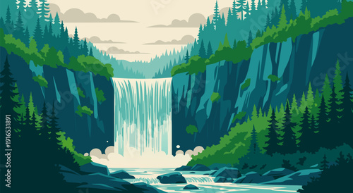 Serene Waterfall Landscape Illustration Vector Art