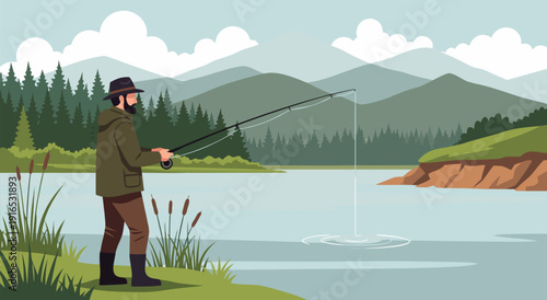 A man fishing on the lake, vector illustration of a serene outdoor activity