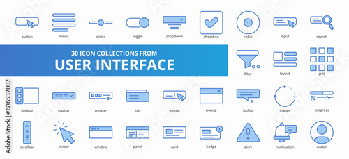 Set of 30 collection of user interface icons suitable for web and mobile application. Set of outline blue style icons with button, menu, slider, toggle, dropdown, and more icons.