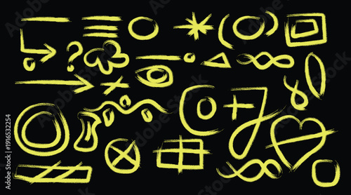 A collection of yellow mathematical and punctuation symbols on a black background
