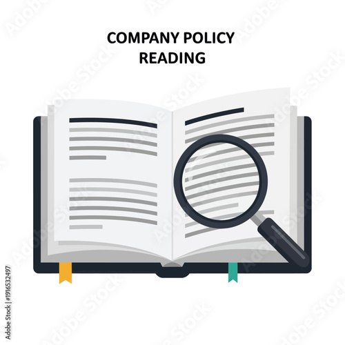 Open book with magnifying glass examining text.