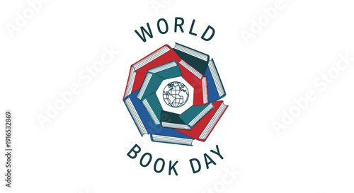 World Book Day logo vector, literacy celebration emblem, book lover symbol. Created in colorful style with multicolor palette.