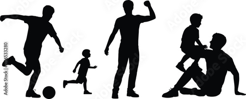 Adult and child silhouettes, family bonding illustration, soccer play, running child, motivational gesture, seated parent embrace, joyful relationship art