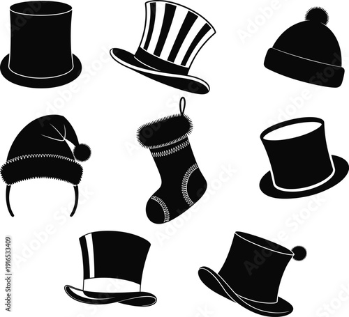 Black and white winter hat and Christmas stocking vector icon set, festive headwear collection isolated on light background illustration