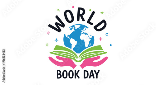 World Book Day vector logo, globe with open book and hands, literacy symbol.