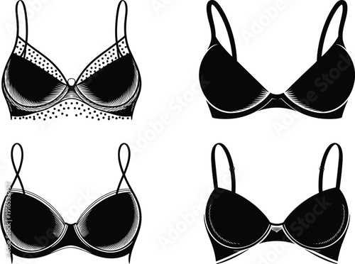 Black bra set illustration, lingerie collection vector, women undergarment silhouettes, realistic lace and push up bras, fashion apparel design isolated on white background