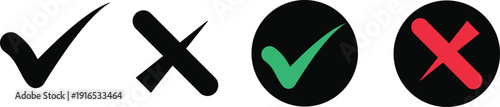 Green check mark and red cross mark on black circles