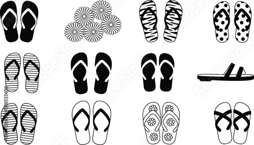 Flip flops and sandals silhouette vector collection, summer beach footwear set with floral and pattern designs isolated on white background
