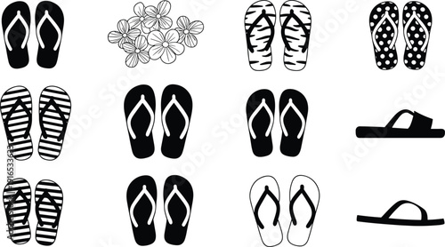 Flip flops silhouette vector set, summer beach sandals collection with floral and pattern designs isolated on white background illustration
