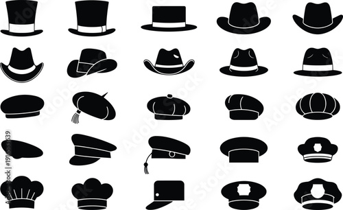 Hat silhouette collection vector set, classic top hat, cowboy, beret, chef and police caps isolated on white background illustration