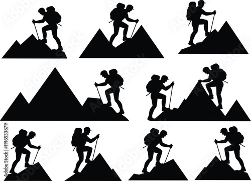 Hiker silhouette vector set, mountain climbing and trekking adventure collection with backpack and walking poles isolated on white background illustration