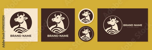 Cow head logo set vector illustration for dairy farm and organic meat butchery branding.