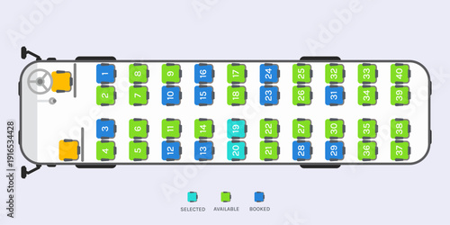 Online Bus Seat Booking Concept, Coach Bus Seat Map Vector Illustration for Ticket Reservation UI Design