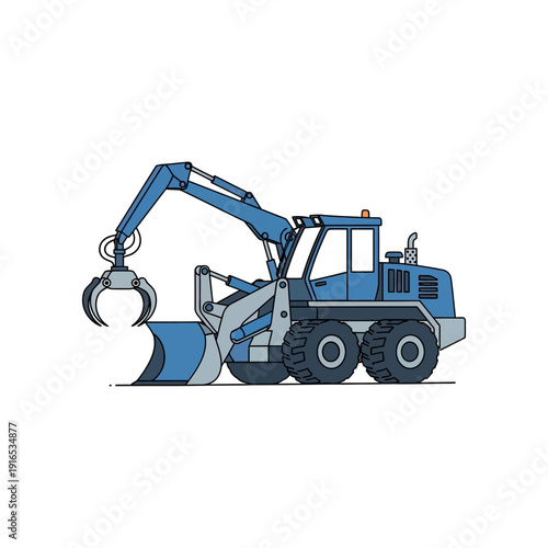 An illustration depicts a blue heavy-duty loader with a claw attachment in an industrial setting.