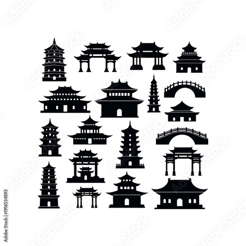 Collection of traditional Asian architectural silhouettes on white background illustration