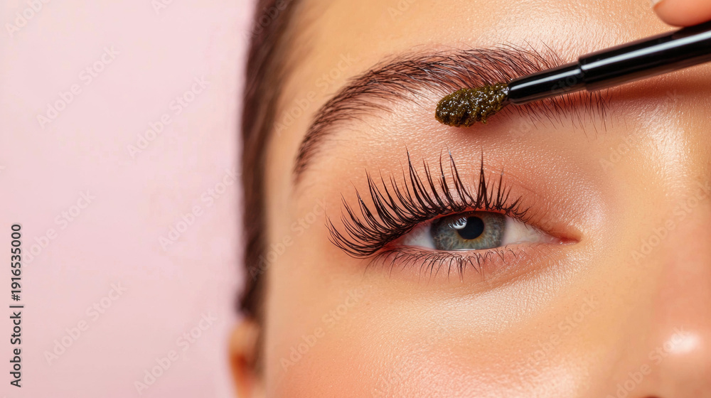 Naklejka premium Woman applying castor oil to eyelashes and eyebrow in minimal studio setting for natural beauty care