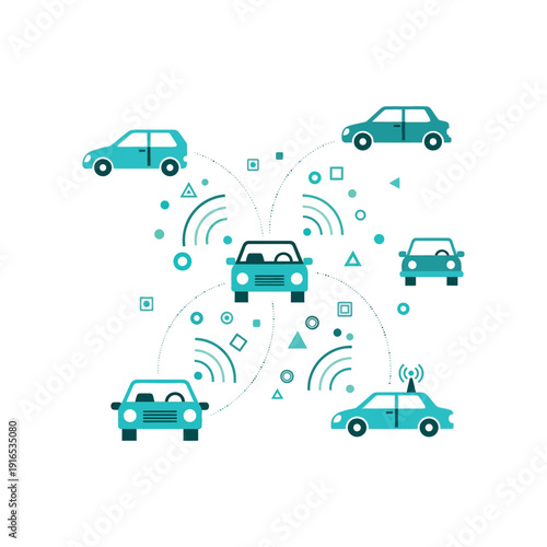 Vehicles connect via wireless signals and icons in a network illustration.