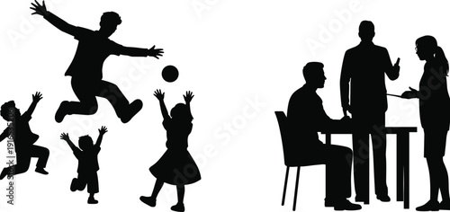 Children playing outdoors silhouette, adult leaping joyfully, contrast with professional meeting scene, teamwork collaboration, lifestyle balance, carefree childhood versus structured work