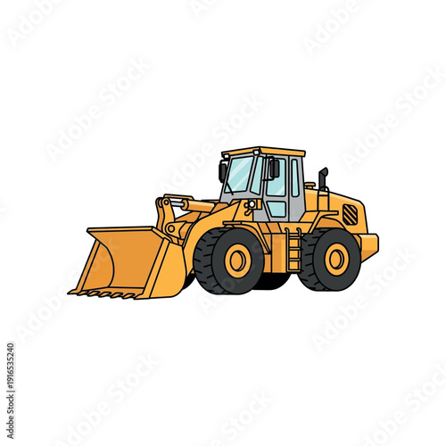 An illustration of a large yellow bulldozer on a construction site with heavy machinery equipment.