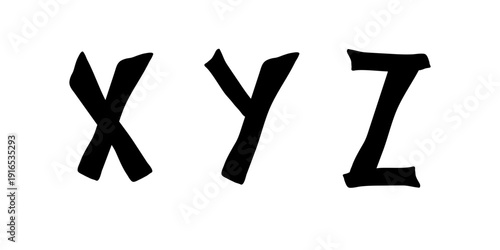 Set of three creative letters of alphabet. Black color. Sloppy style. Isolated on white background. Flat vector design. Alphabet, text, writing