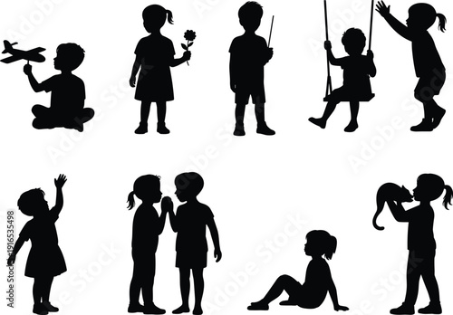 Children silhouettes illustration, playful kids activities, childhood playtime, social interaction, family lifestyle, creative design, expressive figures, educational art, community representation