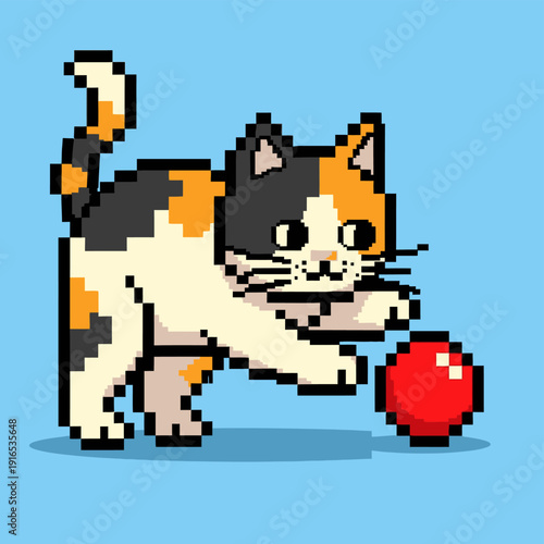Pixel Art Calico Cat Playing Ball.