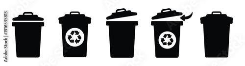 Trash bin and recycling container icons set minimalist black silhouettes featuring closed bins recycling symbol marked containers open bins and opening lids with arrow for waste management themes.