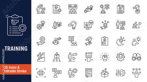 Training icon set. Icons related to Education, seminar, online test, webinar, course, distance learning. Outline icon with Editable stroke. Vector illustration