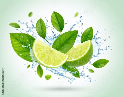 Fresh Lemon and Mint Leaves Splashing Water with Green Background Concept of Refreshment and Natural Flavo Ingredient