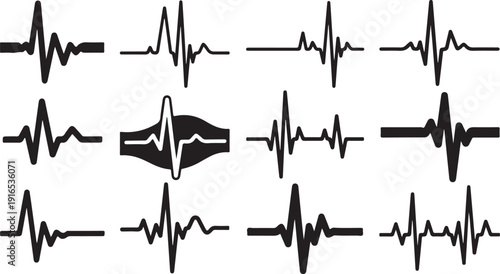 Collection of various ECG heartbeat line graph patterns