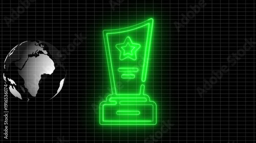 Neon Green Trophy with Star and Globe on Black Grid Background for Global Achievement and Success Concepts