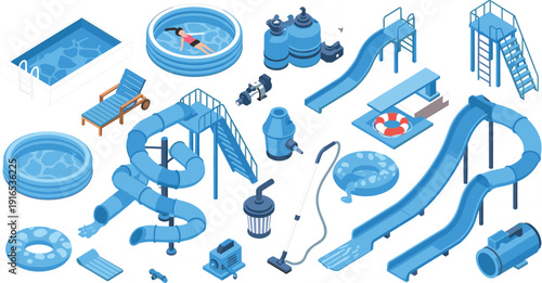 Vector illustration set of 17 isometric elements for water park, swimming pools, slides, and maintenance equipment।