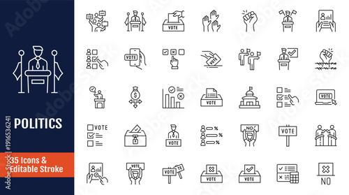 Politics line editable icon set. Icons related to Government, president, election, constitution, political party, ideology, and more. Outline icon with Editable stroke. Vector illustration