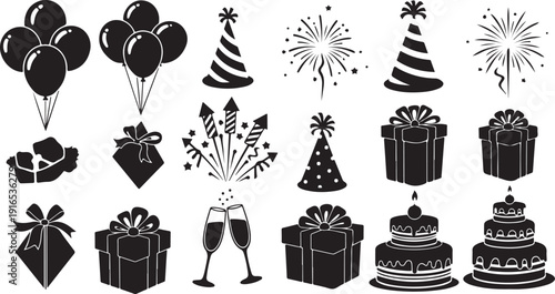 Black and white birthday celebration icons and symbols set