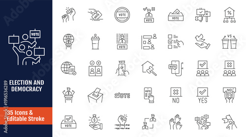 Democracy icon set. Icons related to democracy, politics, voting, election, and more. Outline icon with Editable stroke. Vector illustration
