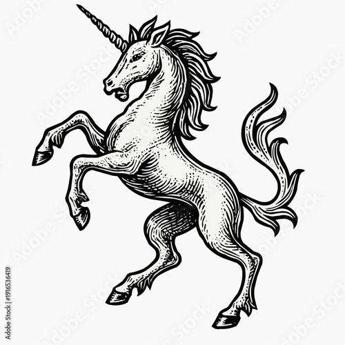 Rearing Unicorn Crest Engraving Style Isolated Icon