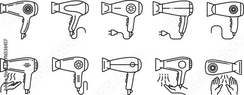 Vector illustration set of 10 line icons for electronic hair dryers and automatic hand dryers for personal care।