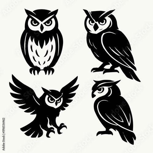 Set of Four Stylized Black Owl Silhouettes Collection
