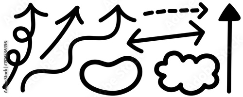 モノクロ、黒のやじるしセット　ベクターイラスト　線の太さ編集可能　手書き　白背景　透明　フレーム　線　広告　チラシ　雑誌