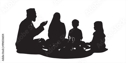 Muslim family enjoying iftar meal together during Ramadan on White background,Family iftar together vector icon black silhouette white background ,black,pro